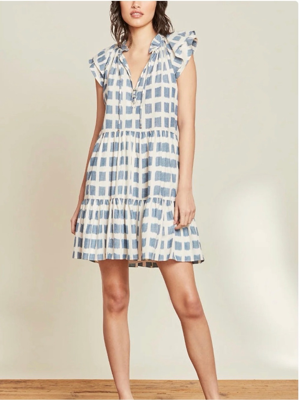 Veronica Beard Ikat Cotton Ruffle Tiered Mini Dress Blue White Size 12 NWOT